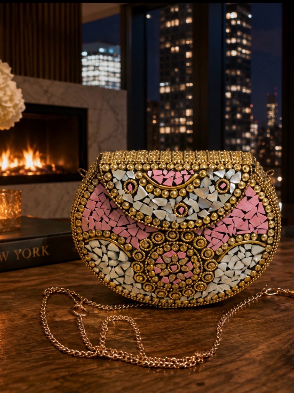 RAMLA Beverly Hills Artisan Handmade Moroccan Pink Gold Mosaic Crossbody  NIP